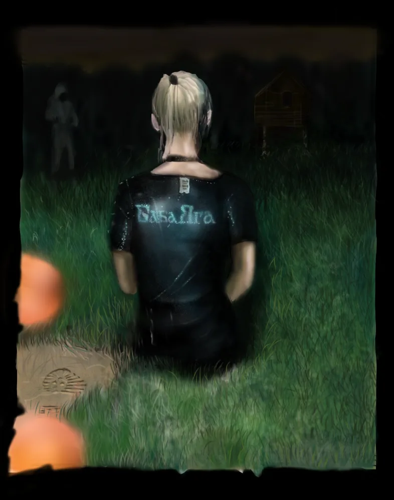 Painting: blogger seated on grass