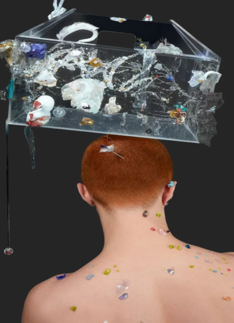 Model with the sculpted glass box on his head
