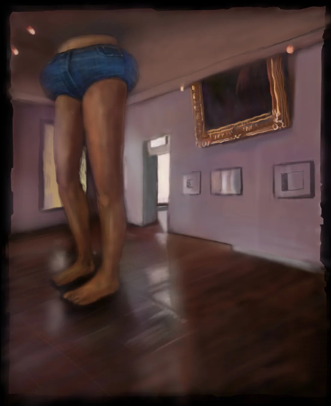 Painting: legs in denim shorts in a gallery