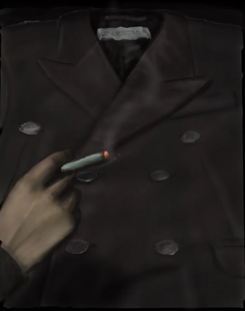 Painting: hand with a cigarette on a coat
