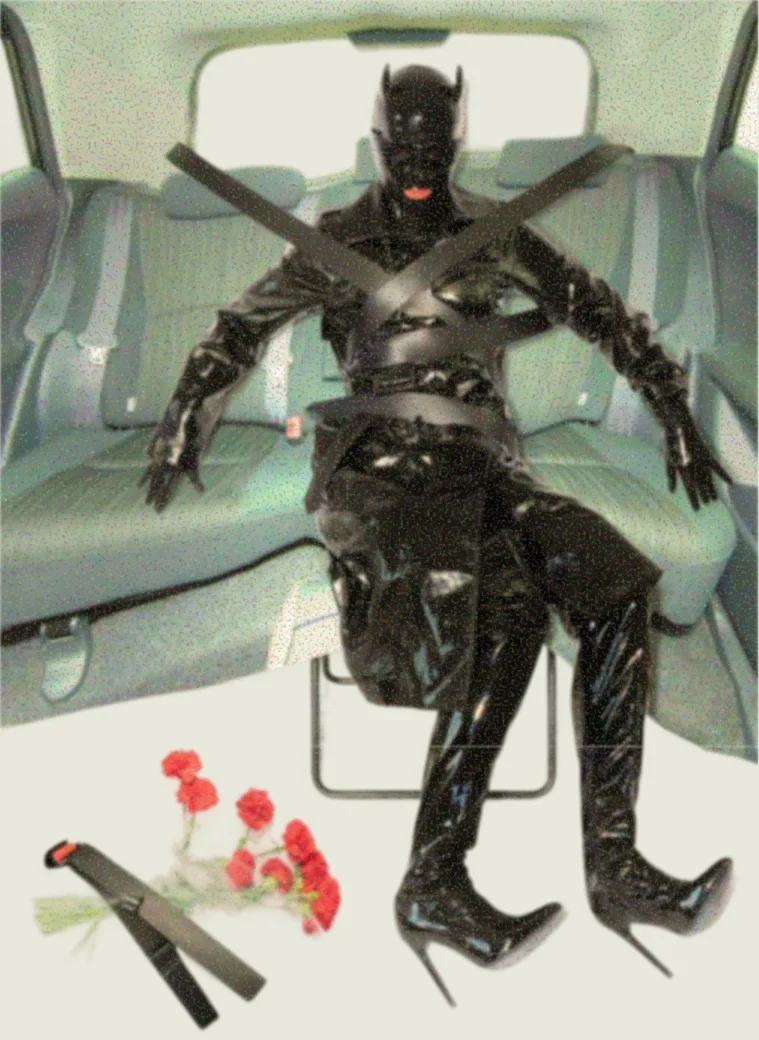 Latex figure in the back seat of a car, with red carnations