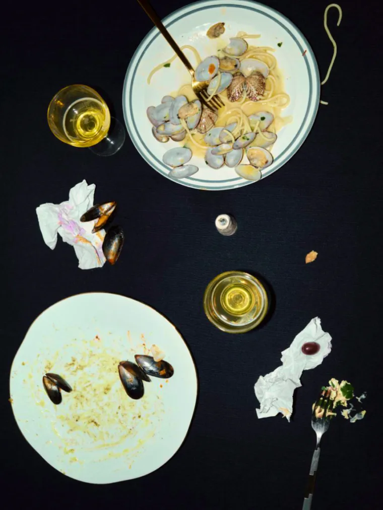 Still life of a dinner table seen from above