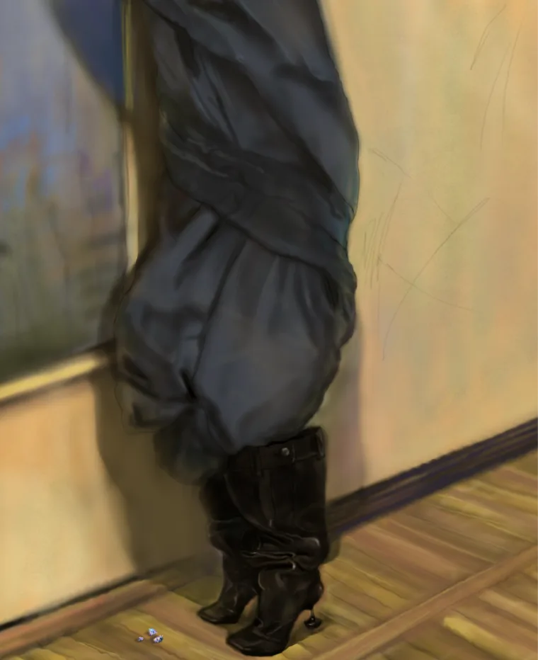 Painted boots against a gallery wall