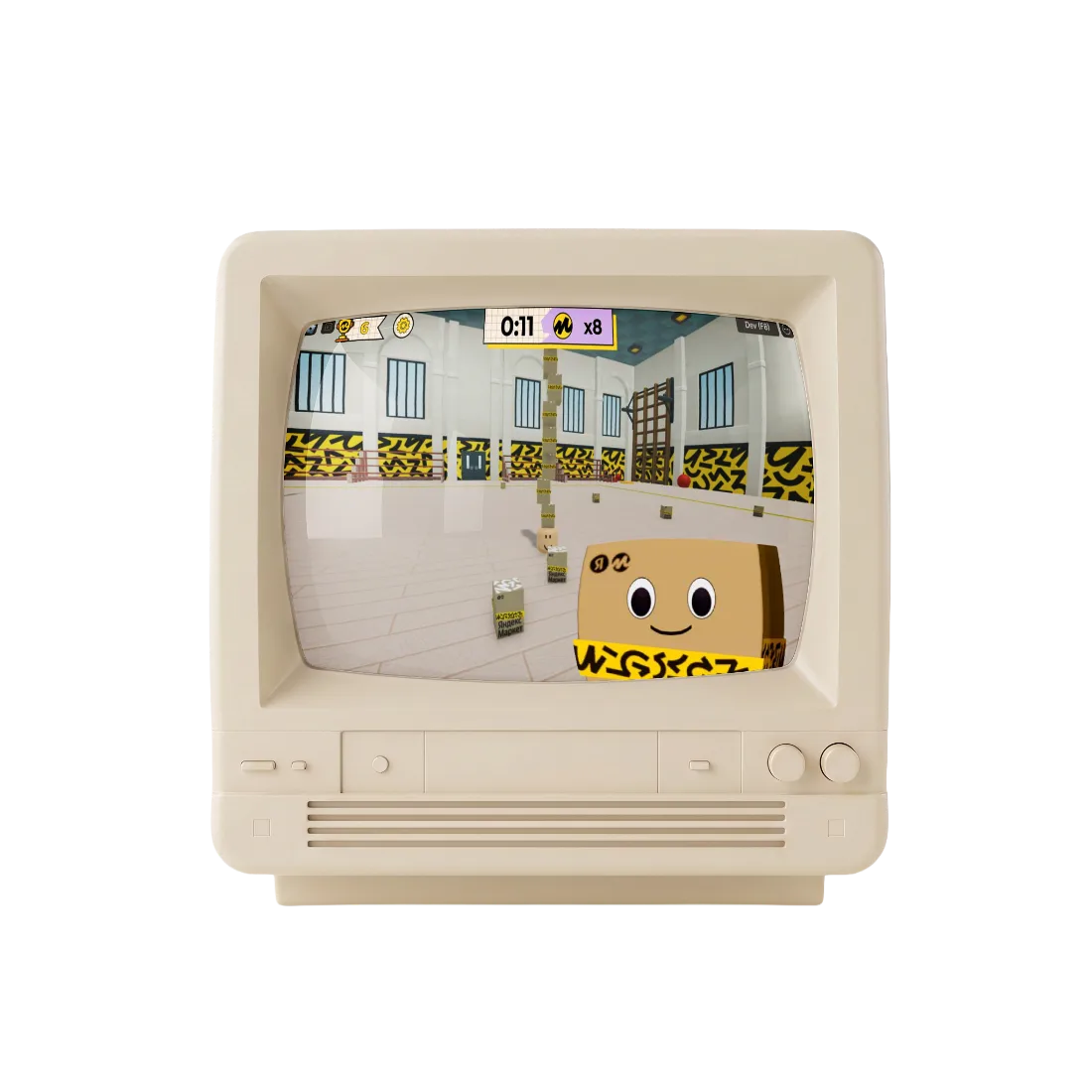 Vintage TV showing the branded Roblox level